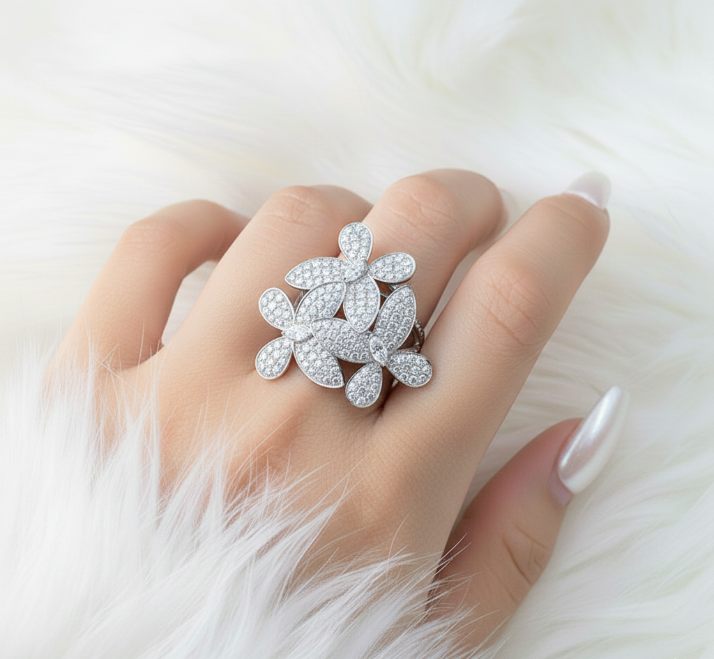 Sparkling Flower Butterfly Ring